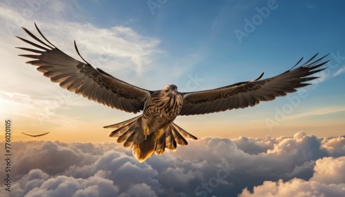 An impressive falcon spreads its wings wide  soaring high above a sea of clouds under the expansive blue sky.