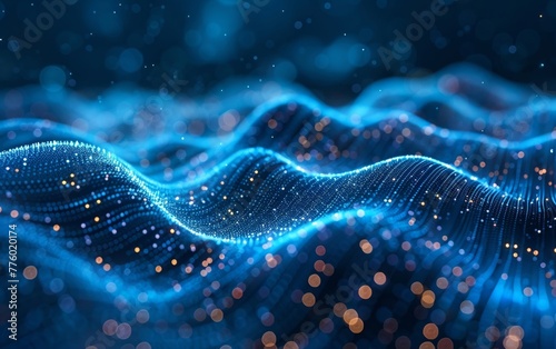 A futuristic deep blue tech backdrop featuring digital patterns, artificial neural networks, quantum computing, and electronic global intelligence.