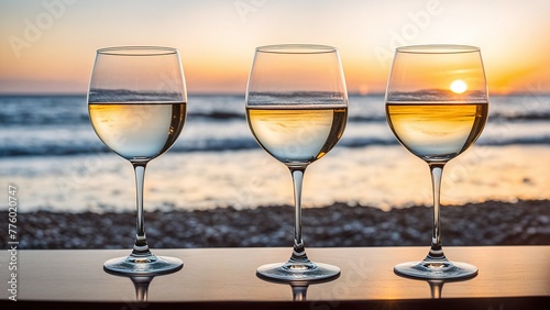 glasses on a table against a beach background, capturing the essence of a lively evening party with a relaxed vibe, with a close-up shot and softly blurred background