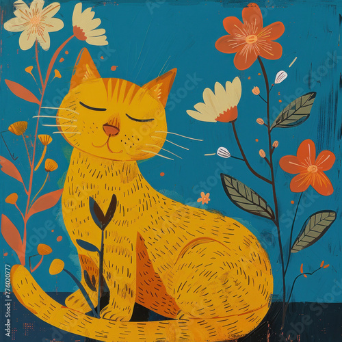 cat and flowers, yellow cat and orange flower, wakes up in the morning