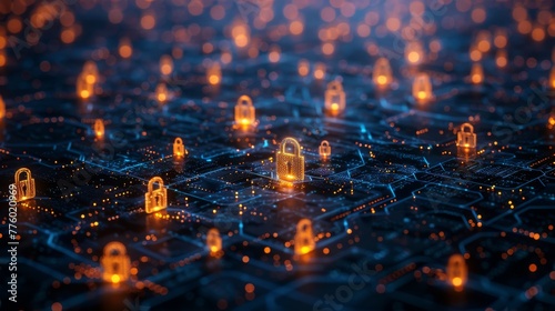 Abstract concept of cybersecurity with glowing padlocks spread across a digital network grid..