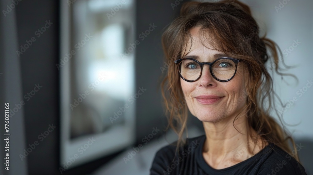Smiling middle aged mature grey haired woman looking at camera, happy old lady in glasses posing at home indoor Smiling middle aged mature grey haired woman looking at camera, happy old lady in glasses posing at home indoor