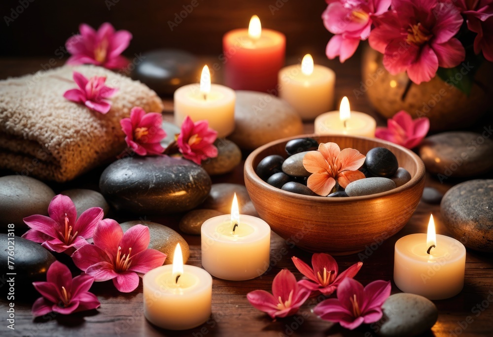 A tranquil spa treatment room is adorned with flickering candles A tranquil spa treatment room is adorned with flickering candles