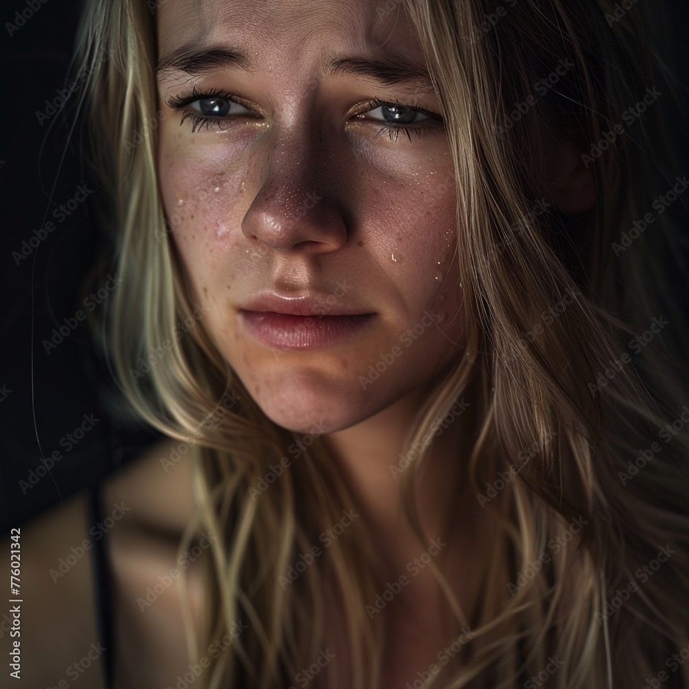 A sensitive skincare portrait captures a moment of tears from a young American model aged 20, with blonde hair against a soft gradient backdrop A sensitive skincare portrait captures a moment of tears from a young American model aged 20, with blonde hair against a soft gradient backdrop