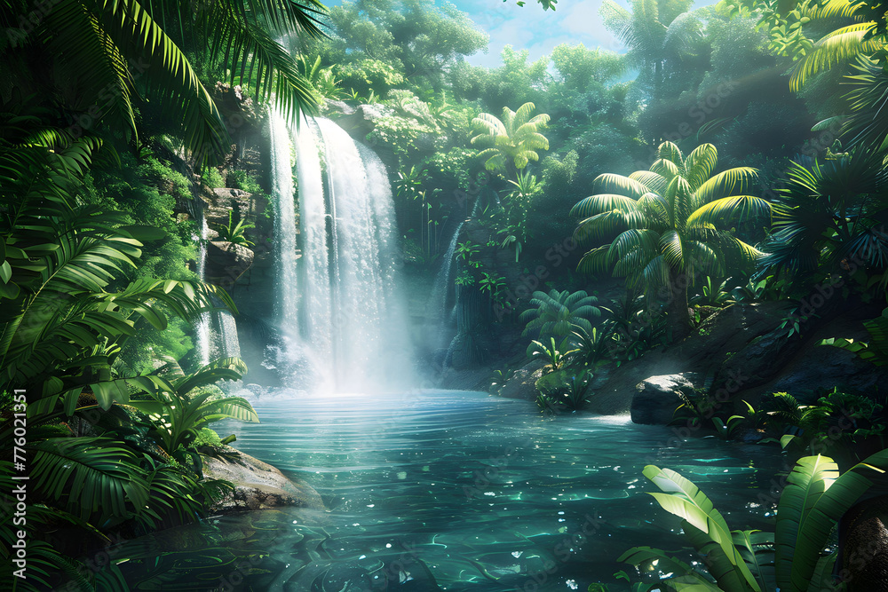 Waterfall in the forest - Enchanting hidden waterfall in a lush tropical jungle - Generated By AI Waterfall in the forest - Enchanting hidden waterfall in a lush tropical jungle - Generated By AI