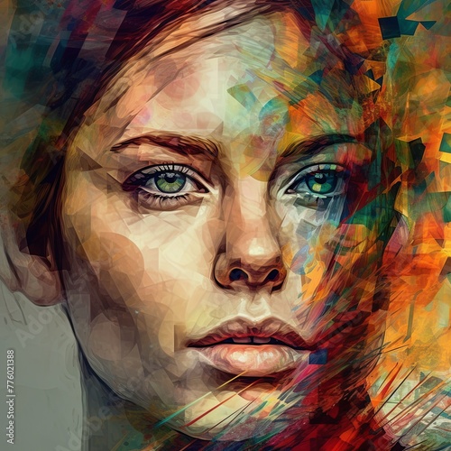 amazement woman's face, abstract art. Generated AI. 