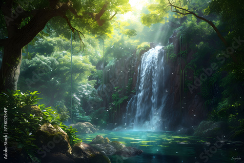 Waterfall in the forest - Enchanting hidden waterfall in a lush tropical jungle - Generated By AI © sbjshah