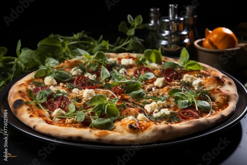 Delicious gourmet pizza with tomato sauce, cheese, sausage, and herbs on black background
