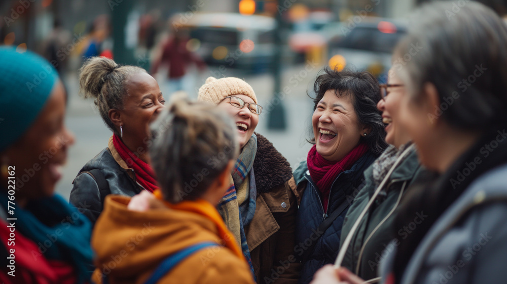 A diverse ensemble of people gather in a tight-knit circle, their laughter echoing through the air as they share a moment of unity and happiness, A diverse ensemble of people gather in a tight-knit circle, their laughter echoing through the air as they share a moment of unity and happiness,
