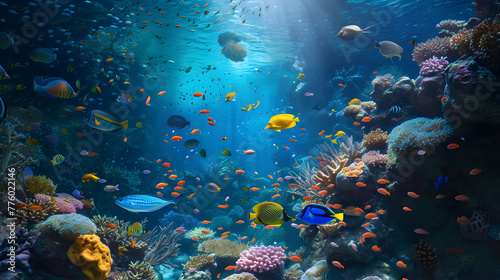 coral reef and fish in underwater - generated by AI © sbjshah