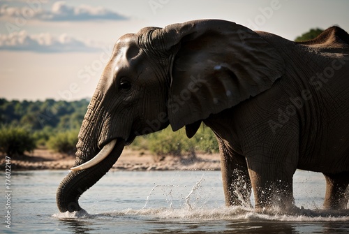 A big old elephant with big tusks swims in a pond on a hot sunny day in Africa. The elephant drinks water from the lake.