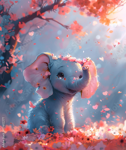 art illustration of a cute elephant in a flower blossom atmosphere, generative Ai