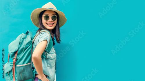 eagerly embarks on her holiday travel adventure against a vibrant blue background, her excitement palpable as she sets off to explore new destinations,