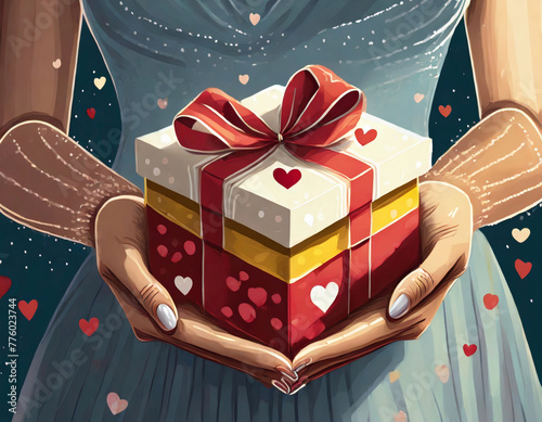 Woman hands holding elegant present gift box with red ribbon. © paulmalaianu