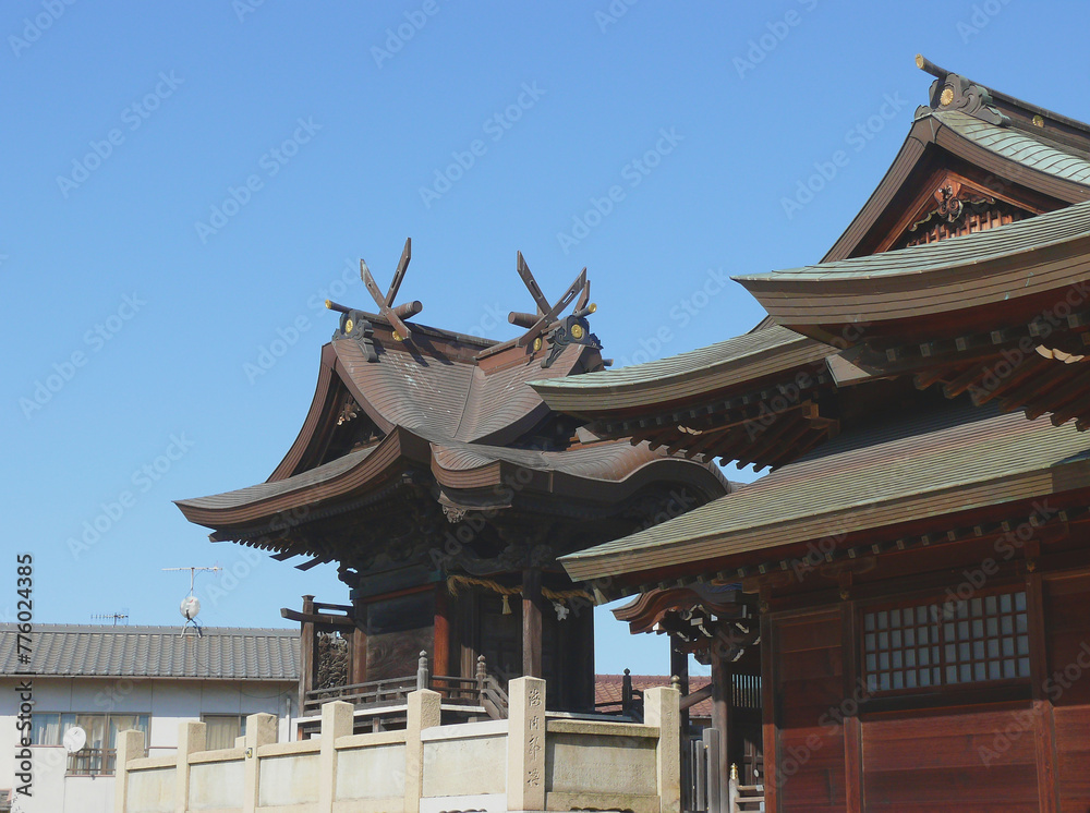 日本の神社。
拝殿後ろの本殿。
屋根の飾りから男神の本殿。
倉敷市福田神社。