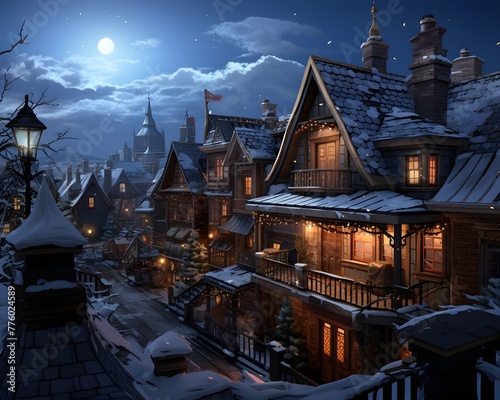 Winter village in the moonlight. Old wooden houses in the village.