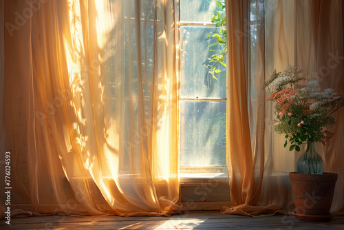 The warm glow of sunlight highlights the gracefulness of flowing sheer curtains in a home setting
