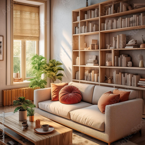 Warm interior design, inviting apartment aesthetic, bookcase, sofa carpet, 3d rendering