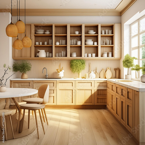 Warm wood kitchen with sink, table, chairs, white parquet, shelves with dishes. 3d rendering