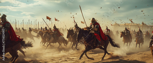 Armored knights on horseback are charging forward. They are carrying swords and lances, and their armor is gleaming in the sun. The knights are riding in formation, and their horses are galloping  © Ruslan Gilmanshin