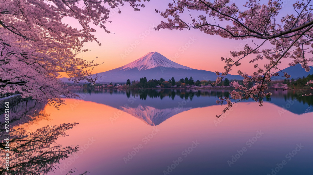 Mountain fuji in cherry blossom season during sunset