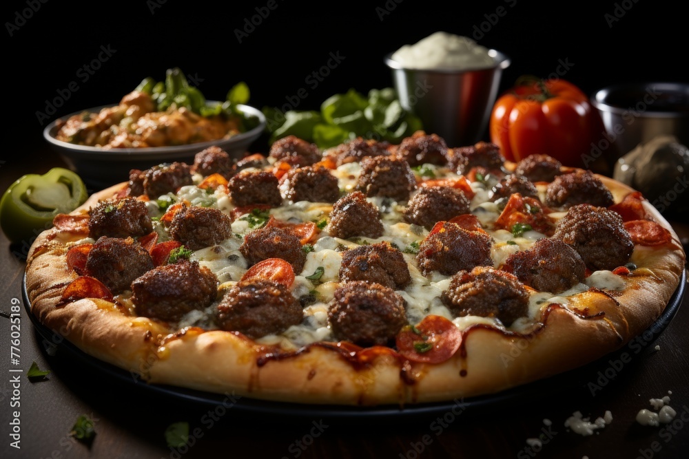 Delectable pizza with melted cheese, sweet italian sausage, and aromatic herbs on a black backdrop