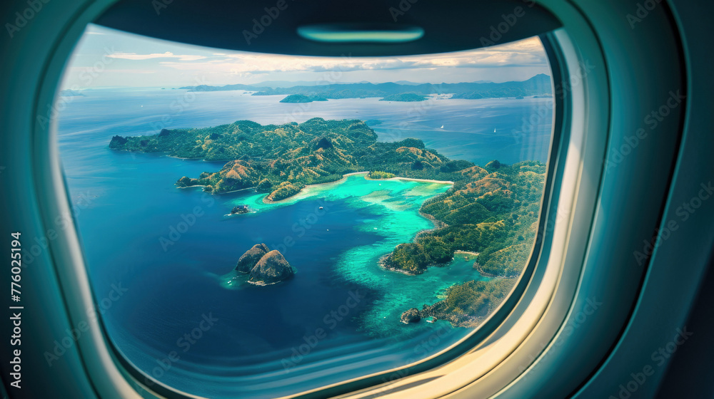 Naklejka premium Islands in from an airplane window. The islands are covered in lush green vegetation and surrounded by crystal-clear blue water. There are a few small boats on the water