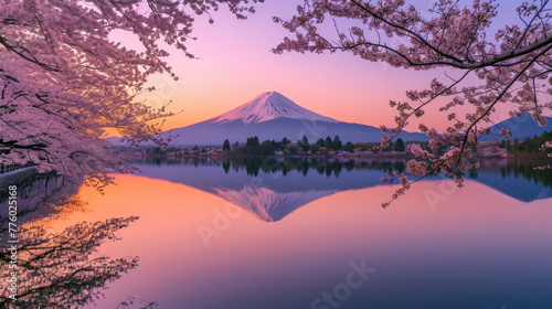 Mountain fuji in cherry blossom season during sunset © Ruslan Gilmanshin