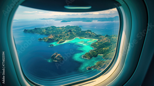 Islands in from an airplane window. The islands are covered in lush green vegetation and surrounded by crystal-clear blue water. There are a few small boats on the water