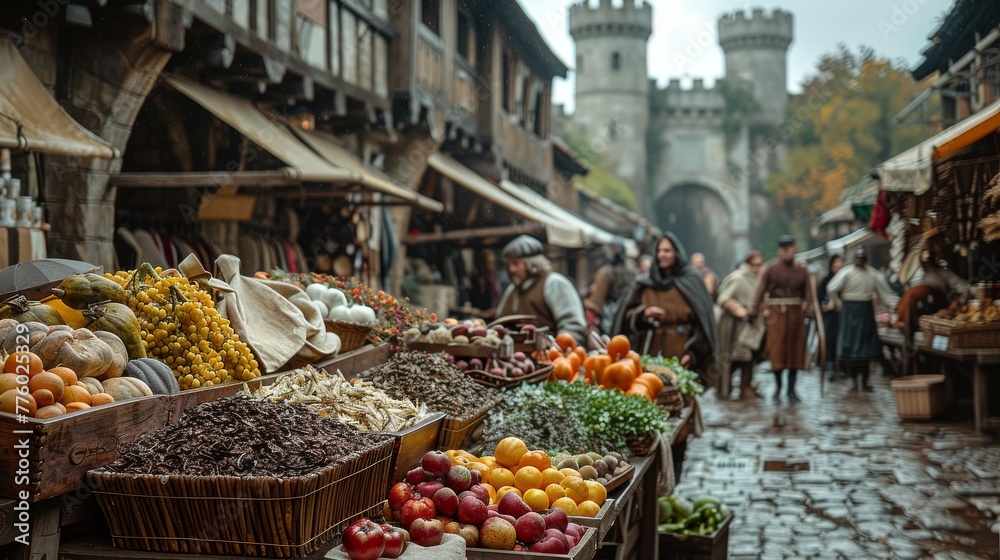 Medieval Market: Photograph bustling market scenes with merchants, traders, and peasants selling goods to showcase daily life during the Middle Ages 