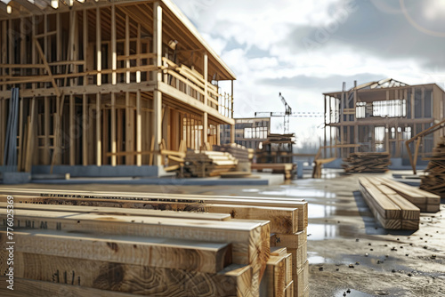 3D rendering of a construction site highlighting the use of sustainable wood products
