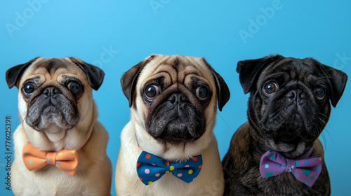 Three adorable pug puppies wearing colourful bow ties sitting against blue background.