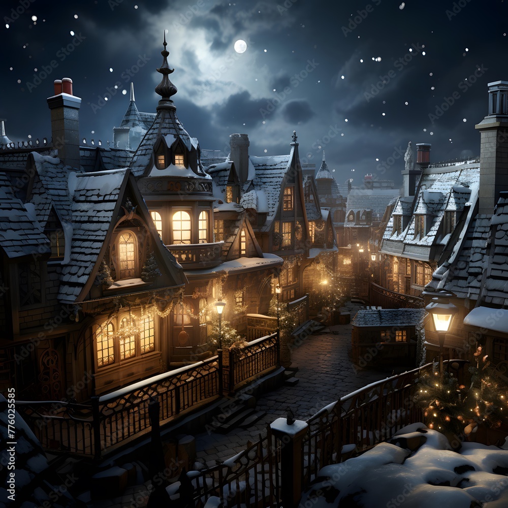 Digital painting of a fairy tale town at night with snow and stars