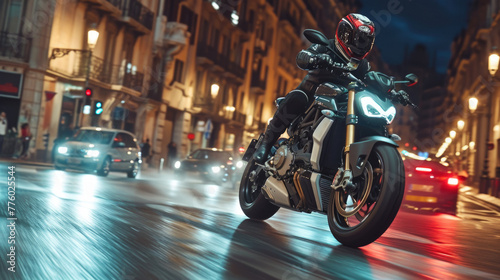 Man riding a motorcycle at night in a city. The motorcycle is red and black and the rider is wearing a black helmet. The city is in the background and is out of focus © Ruslan Gilmanshin