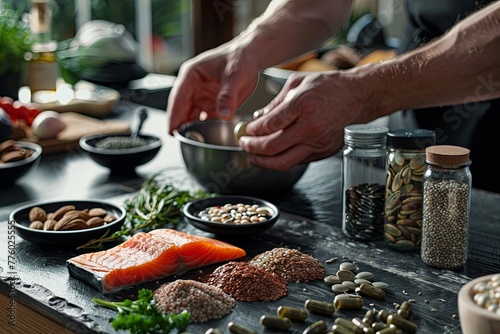 Athlete planning a meal with a focus on balanced nutrition including proteins photo