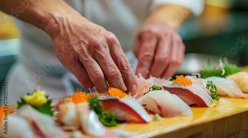 Close-up of a chefs hands meticulously preparing sashimi