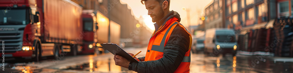 A man, a worker in a square around a truck, an industrial cargo yard with trucks, a yard of a transport company A man, a worker in a square around a truck, an industrial cargo yard with trucks, a yard of a transport company
