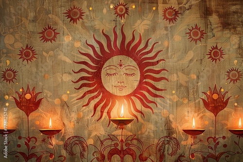 Ethereal Sun Face Mural With Flaming Diyas On A Textured Wooden Background. Sinhalese New Year Spiritual Celebrations and Greeting Cards. Digital illustration. AI Generated photo