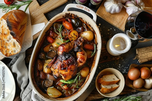 Elegant French dining setting with classic dishes like coq au vin and ratatouille photo