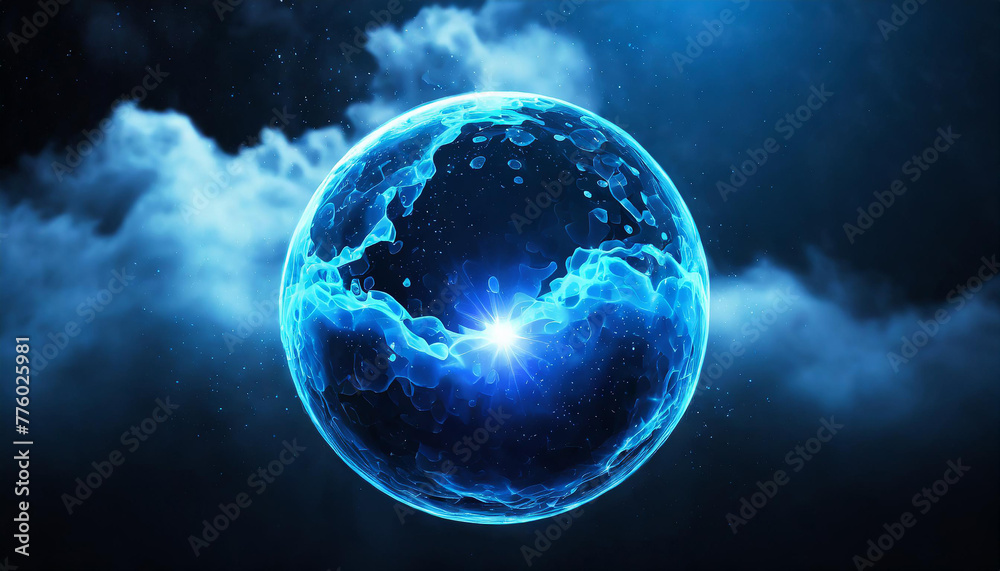 Abstract round energy sphere with moving liquid against dark neon blue clouds. Magical glowing ball. Abstract round energy sphere with moving liquid against dark neon blue clouds. Magical glowing ball.