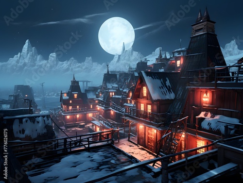 Winter village at night with full moon. 3d render illustration. photo