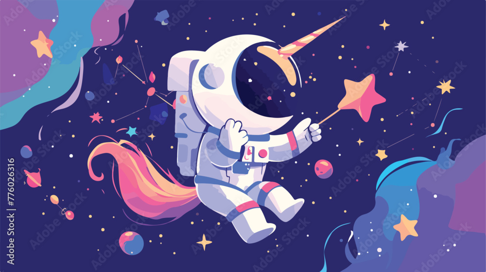 Unicorn Astronaut in space cartoon 2d flat cartoon