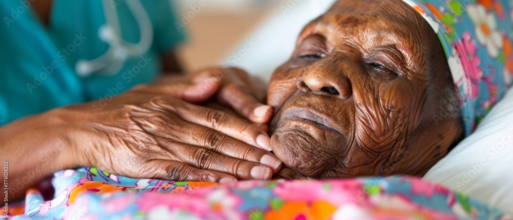 Senior woman in elderly care facility receiving assistance from hospital staff nurse. Elderly woman, wrinkled skin, hands of caretaker. Grandmother in everyday life. Background, copy space, close-up.