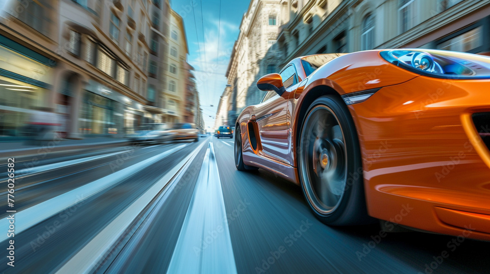 orange luxury car overtaking on the street , city street , traffic urban , speed motion line , day light orange luxury car overtaking on the street , city street , traffic urban , speed motion line , day light