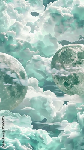 clouds and moons 3d, glossy plastic texture, seamless pattern photo