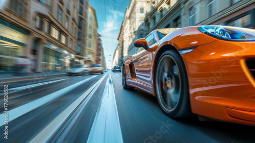 orange luxury car overtaking on the street , city street , traffic urban , speed motion line , day light
