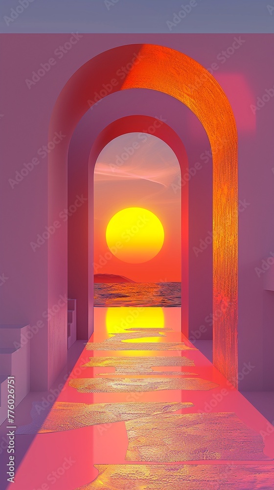 Sunset, 3D render in clay style, abstract geometry, rainbow hues, silhouette shapes