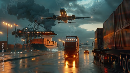 Global business, logistics and transportation, import, export, goods, container ship at international port. Cargo plane flies over truck transport container logistics industry