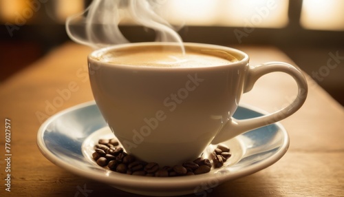 A steaming cup of coffee with beans on a saucer, a cozy representation of a relaxing break