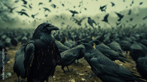 A large flock of huge black crows against a desert landscape under a gloomy gray sky. Alternative reality, apocalypse photo